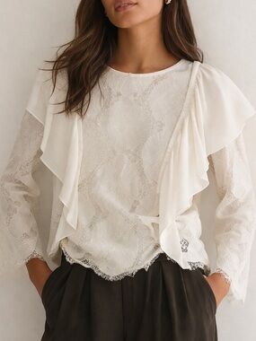 Massimo Dutti Lace Ruffle Blouse Off White EUC Size 4 (XS/S) Romantic Chic